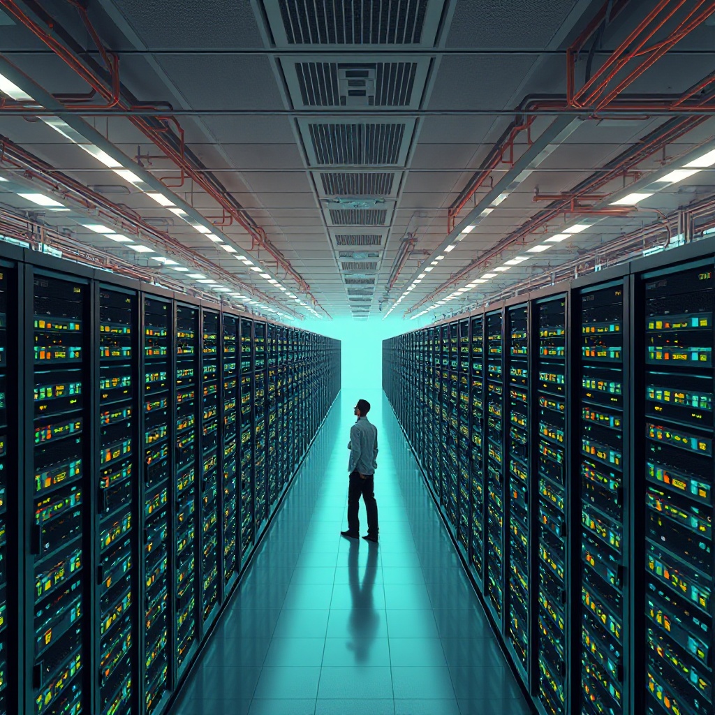 A visualization of a large data center server room with thousands of servers stretching into the distance, representing the scale at which hyperscalers like Meta and Google must detect and mitigate silent data corruption