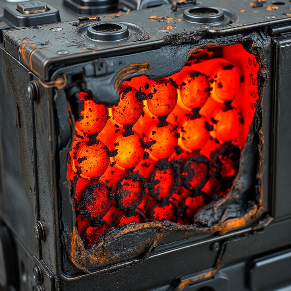 A close-up of a damaged electric vehicle battery pack showing thermal runaway damage, with charred cells visible against an otherwise intact housing structure.