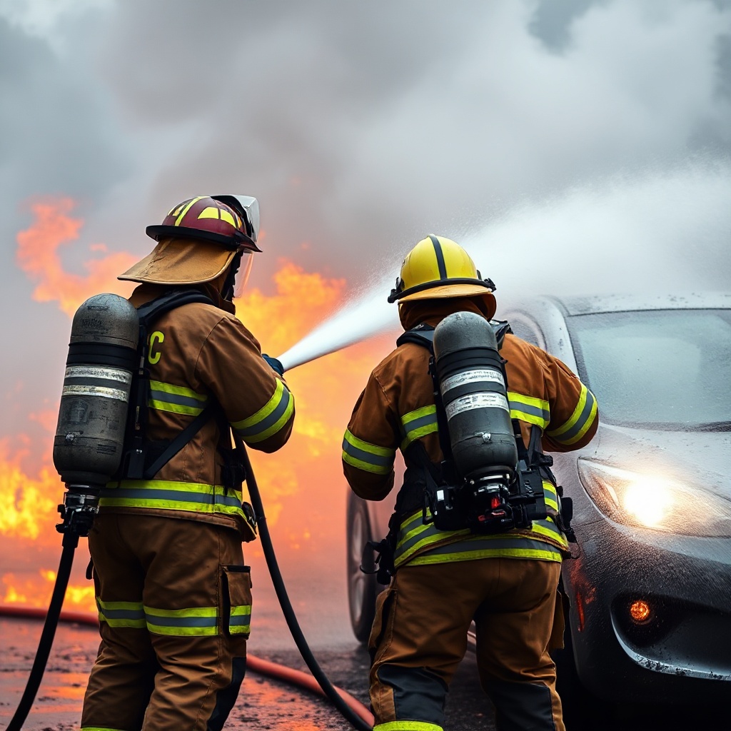 Firefighters in full protective gear using specialized equipment to extinguish an electric vehicle fire, with visible water spray and a containment strategy in action.