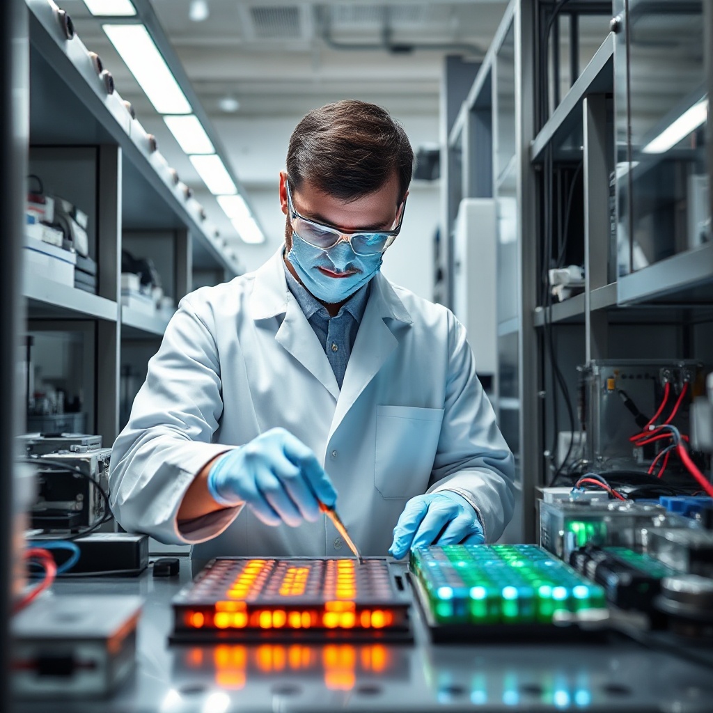 A laboratory technician working with next-generation solid-state battery components, highlighting the contrast between traditional lithium-ion cells and newer, safer alternatives.