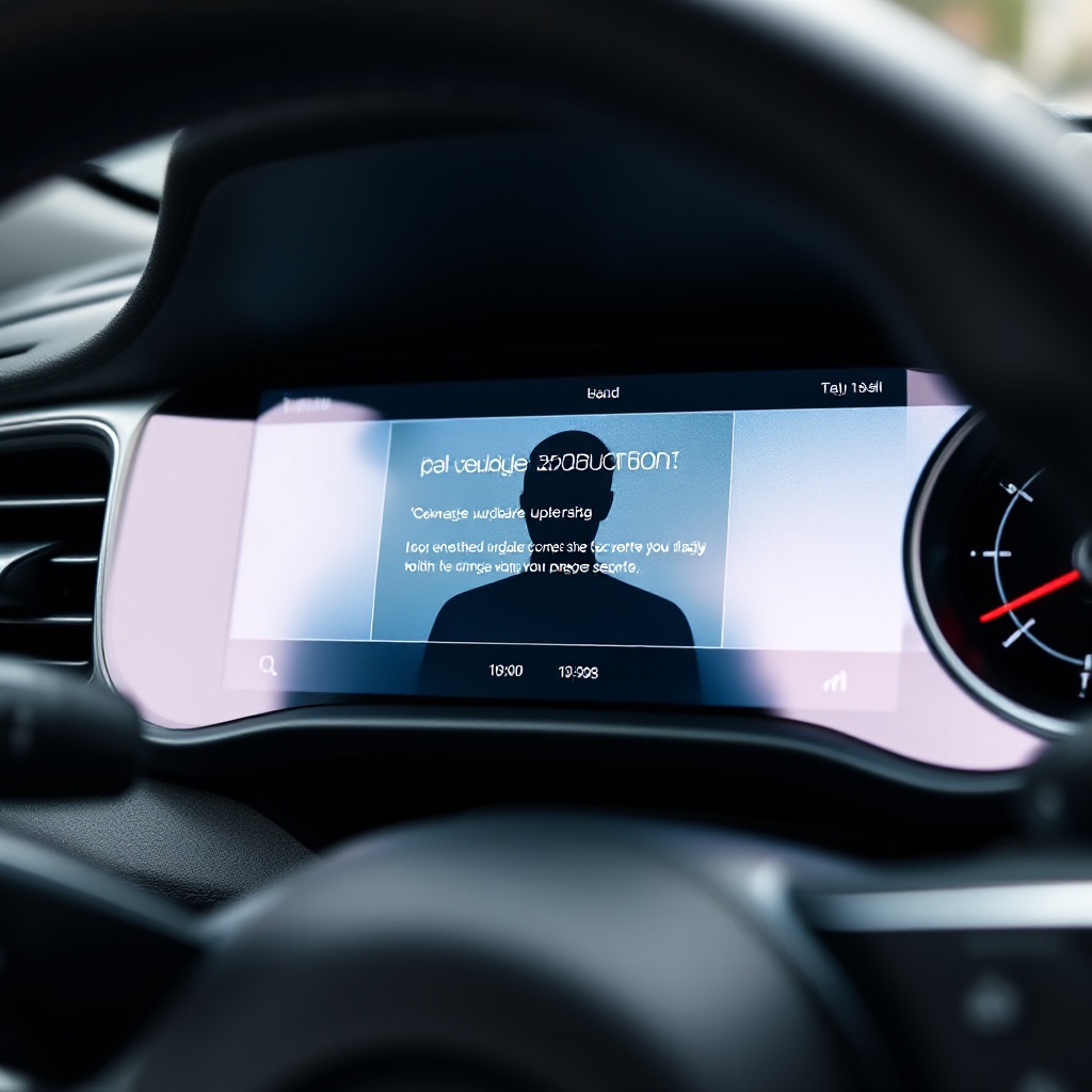 A close-up of a modern car dashboard with a software update notification displayed on the center screen, showing the potential entry point for security threats.