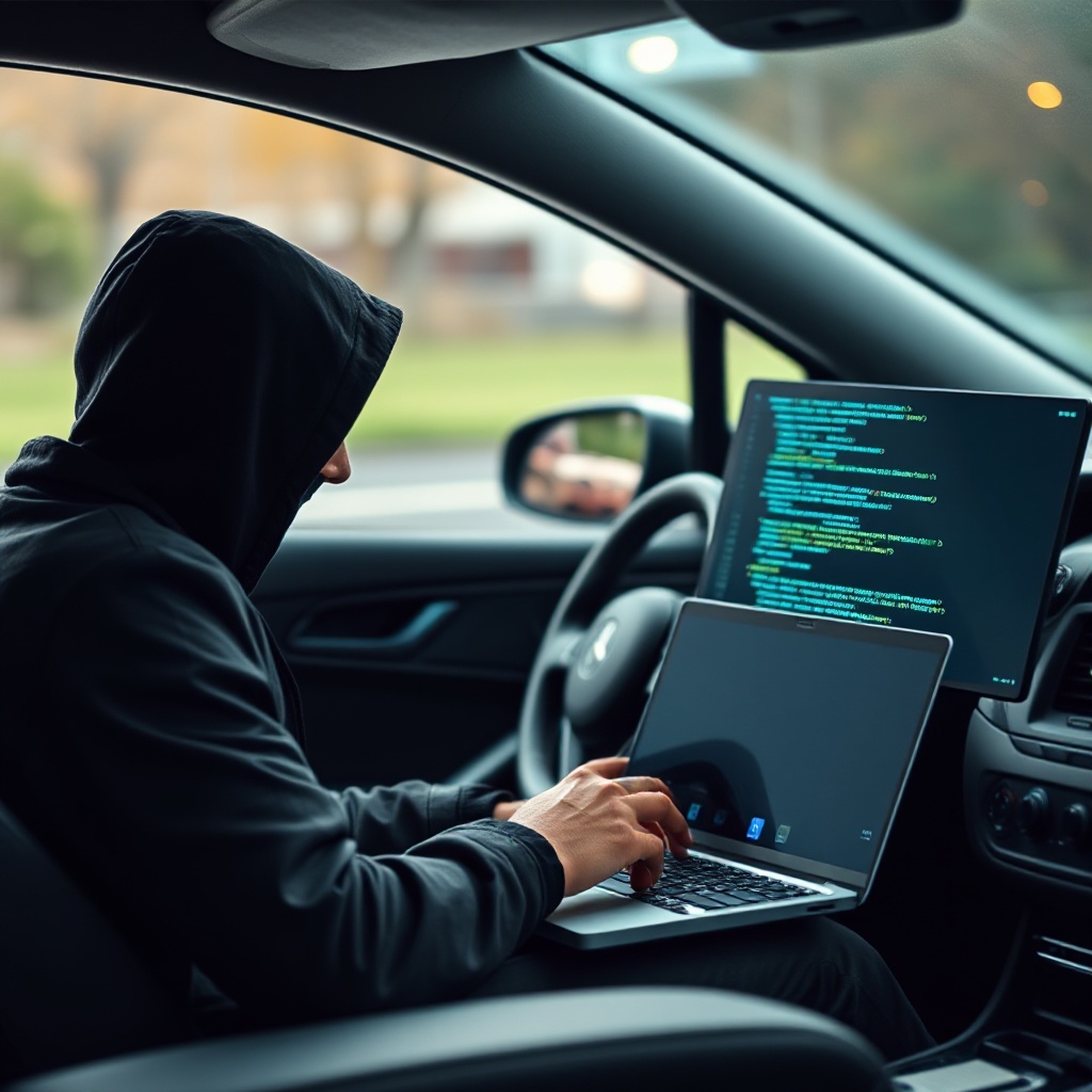 A person using a laptop with lines of code visible on the screen while sitting next to a connected vehicle, representing a hacker potentially exploiting OTA update vulnerabilities.