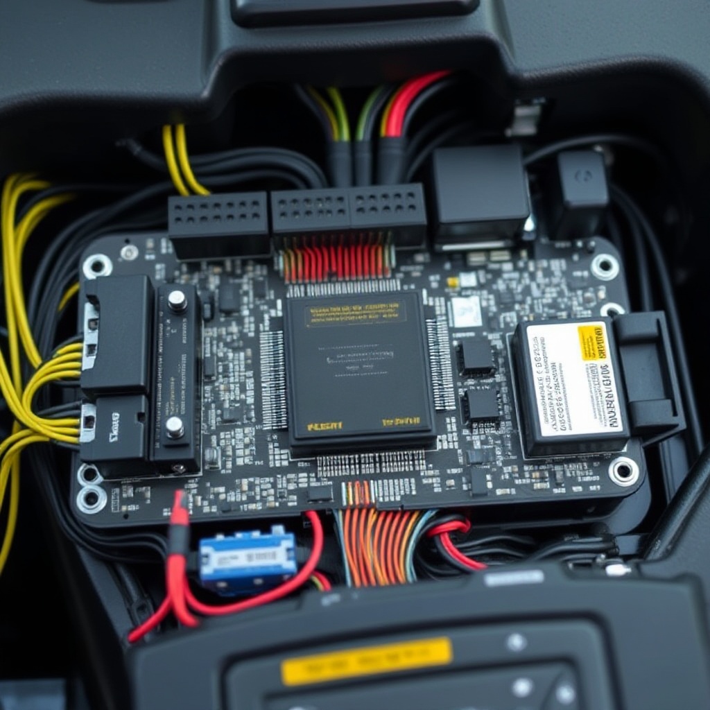 A vehicle electronics control unit (ECU) with visible circuit boards and connections, illustrating the complex hardware components that can be compromised through malicious software updates.