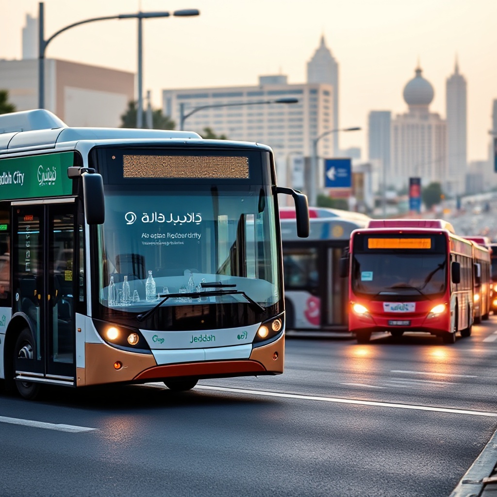 Modern electric buses with Jeddah city branding operating on a busy urban street with Jeddah's distinctive skyline visible in the background.