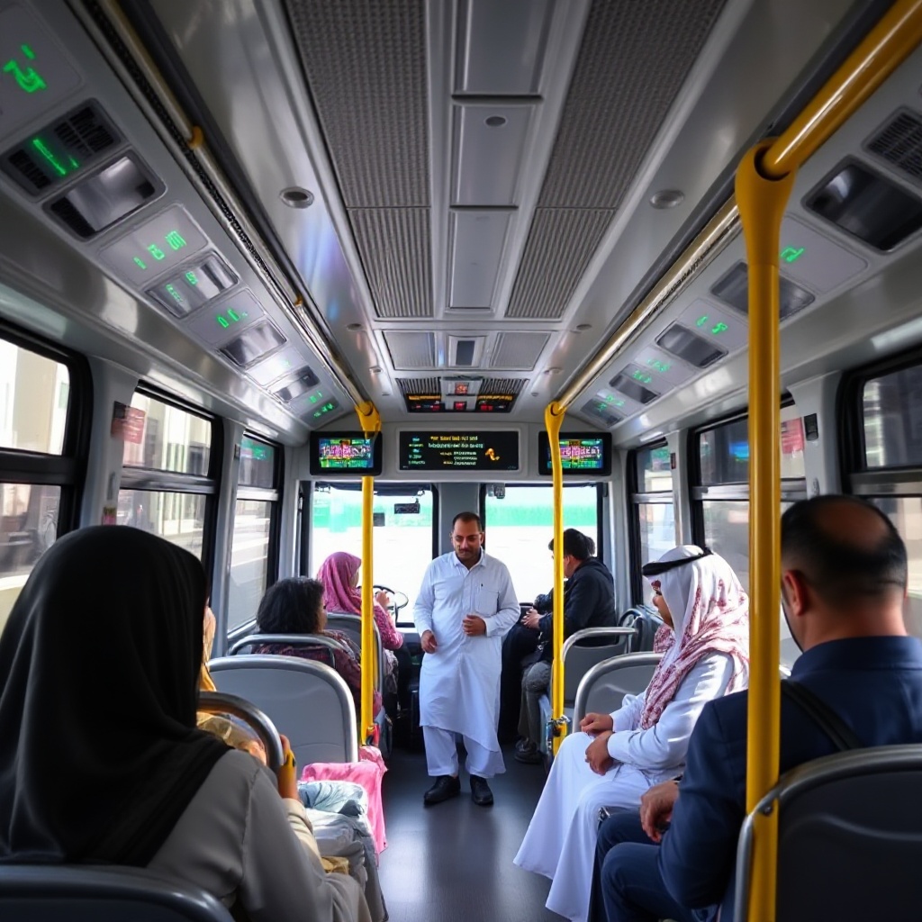 Interior of a new Jeddah bus showing amenities including USB charging ports, information displays, and accessibility features with passengers using the services.
