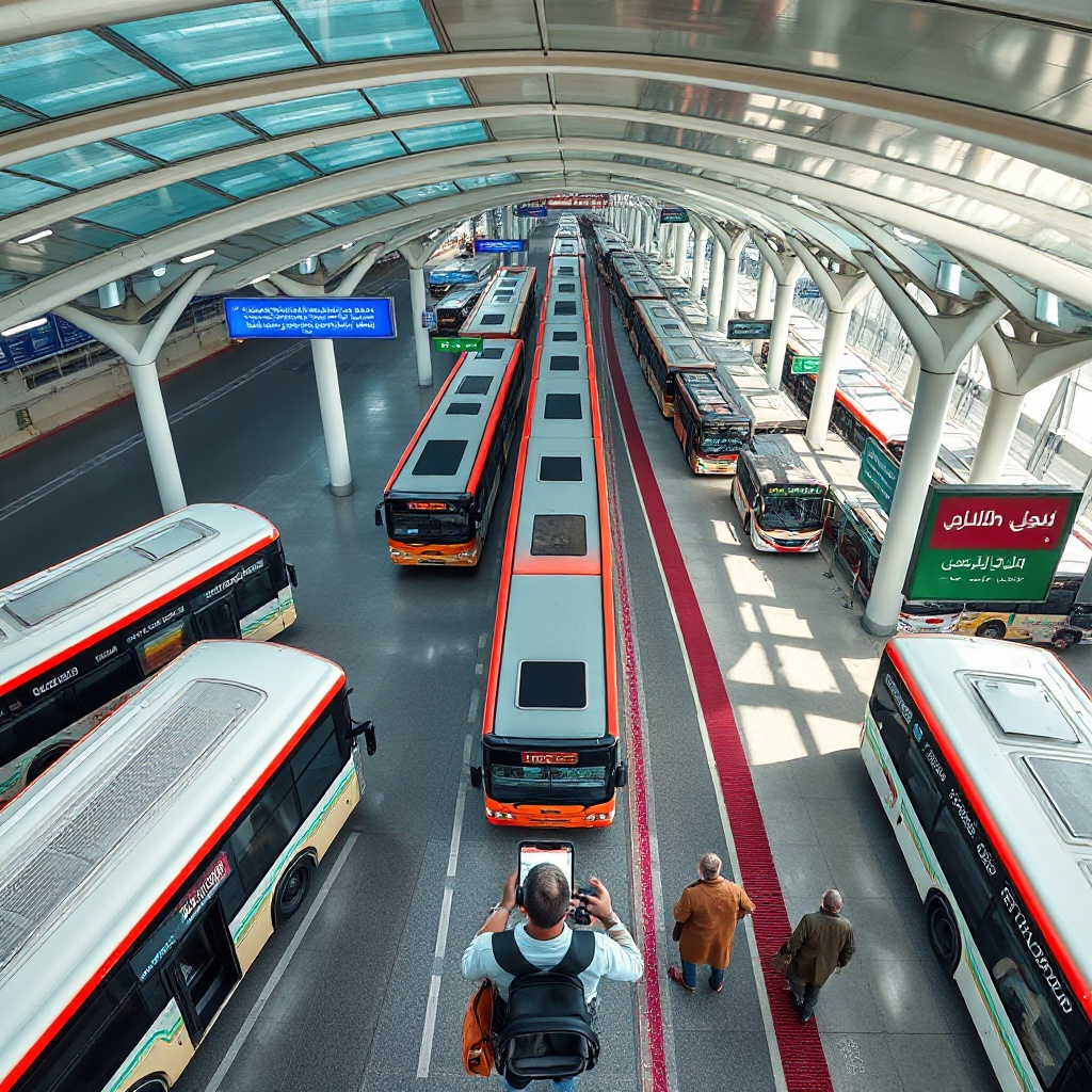 Aerial view of an air-conditioned bus station in Jeddah with multiple buses arriving/departing and passengers using the 'Jeddah Buses' mobile app for tracking and ticketing.