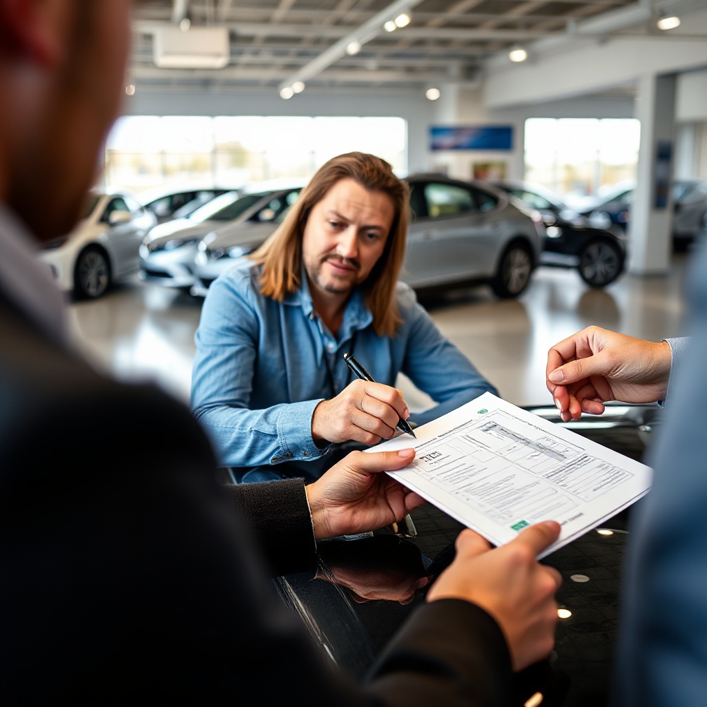 A close-up photo of a customer at a car dealership signing paperwork while a salesperson points to rebate information on a document. The dealership showroom with electric vehicles is visible in the background.