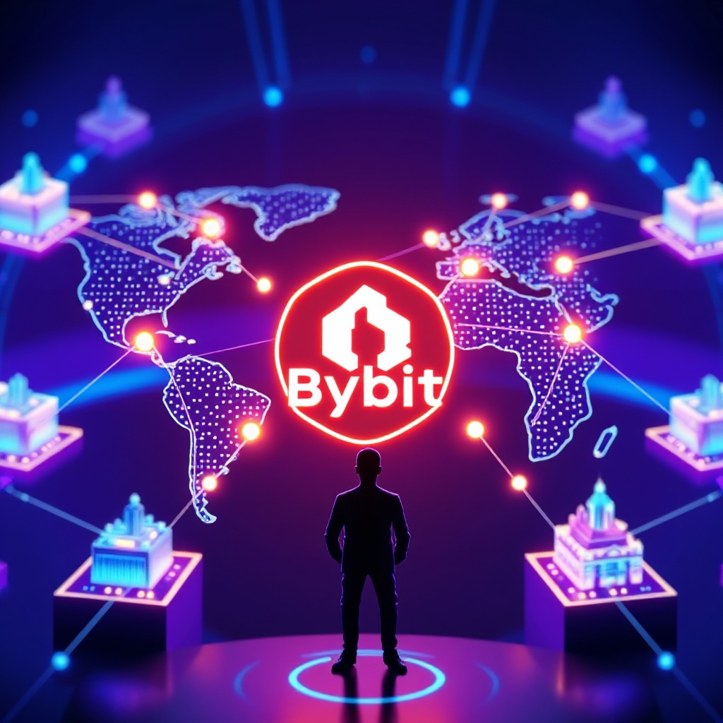 A visually striking 3D rendering showing the Bybit logo at the center of a global digital network with glowing connection points representing users across continents. The image should have a futuristic blue and purple color scheme with visual elements suggesting financial markets and institutional buildings integrated with blockchain structures, symbolizing the convergence of traditional finance and cryptocurrency.