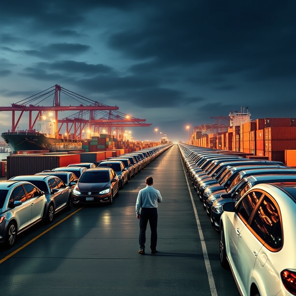 A dramatic visual showing a long line of newly manufactured vehicles (mix of EVs and traditional models) parked at a port, with large container ships in the background and customs facilities visible, symbolizing the international trade tensions affecting automotive imports and exports in 2025.