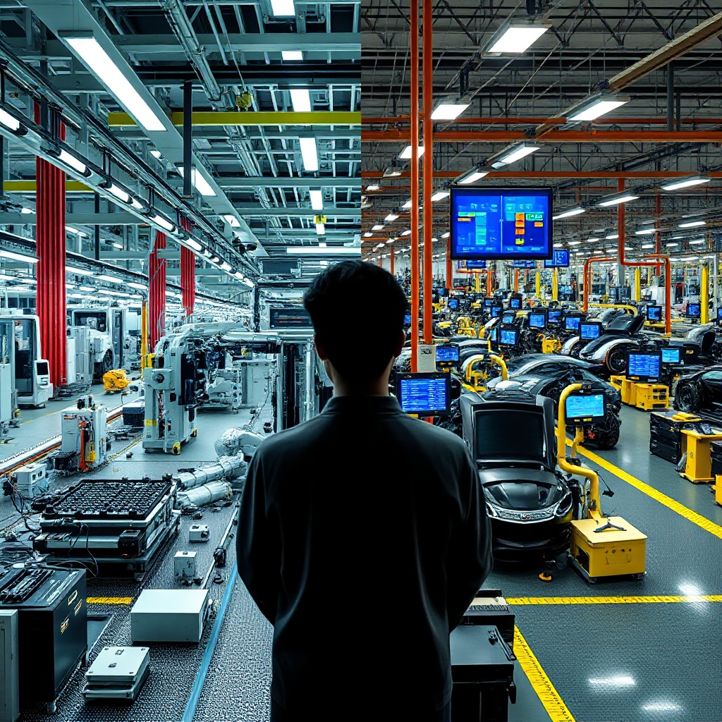 A split-screen manufacturing comparison showing a modern Chinese EV production facility on one side with advanced automation and workers assembling battery components, contrasted with a traditional US auto plant on the other side retooling to adapt to changing market conditions, with both facilities displaying digital production monitoring systems.