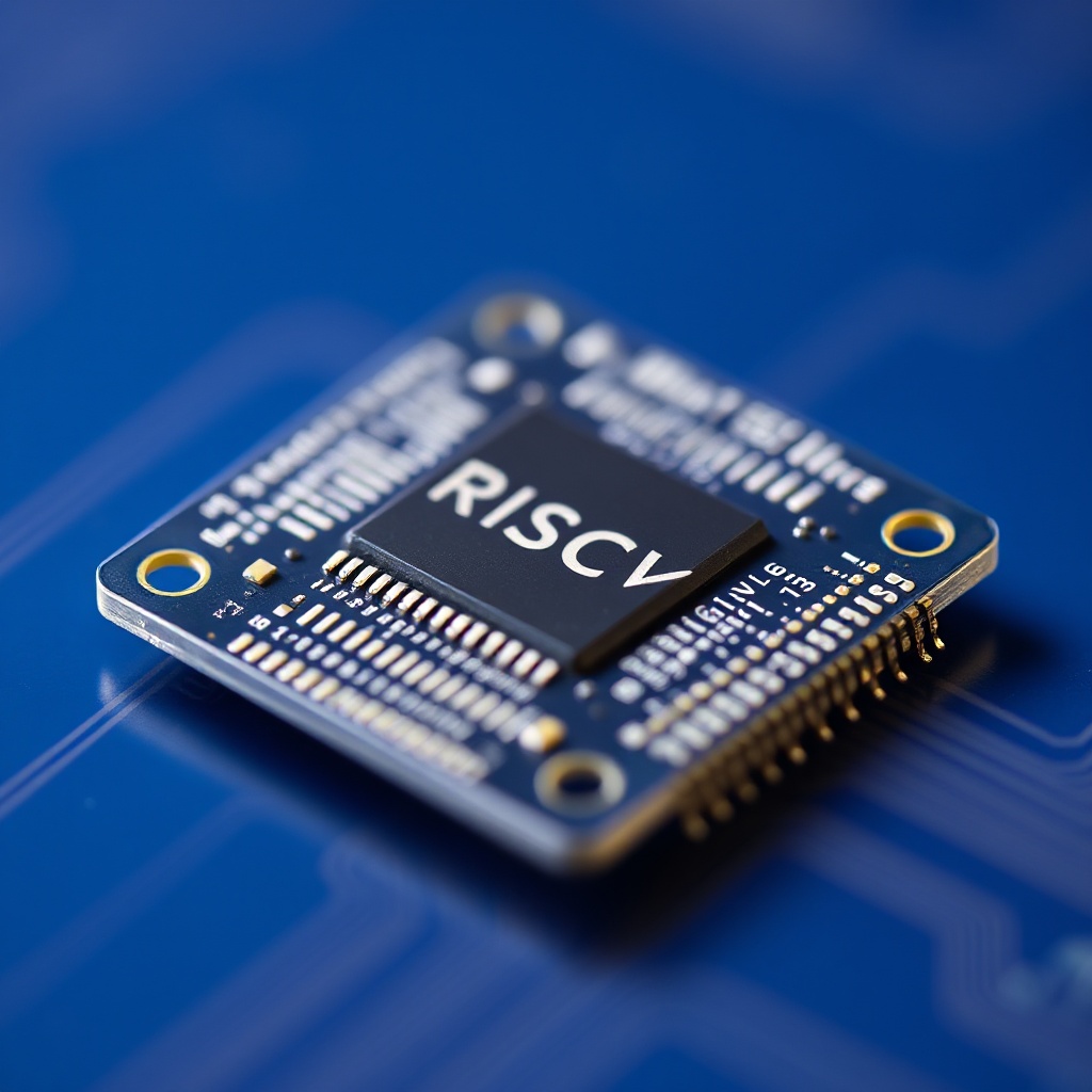 A close-up photograph of a tiny RISC-V GPU chip on a printed circuit board, with visible connection points and traces, shown against a blue background to emphasize its small size relative to the computational power it provides for edge AI applications.