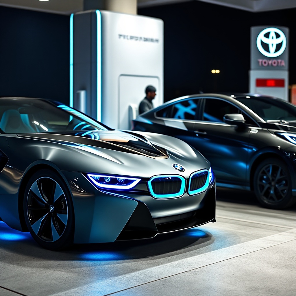 A sleek, futuristic BMW concept vehicle with distinctive kidney grilles and blue hydrogen-themed accents parked beside a Toyota hydrogen vehicle at a modern hydrogen refueling station. The vehicles showcase their respective brand identities while highlighting their shared hydrogen technology, with subtle blue lighting elements suggesting their fuel cell powertrains.