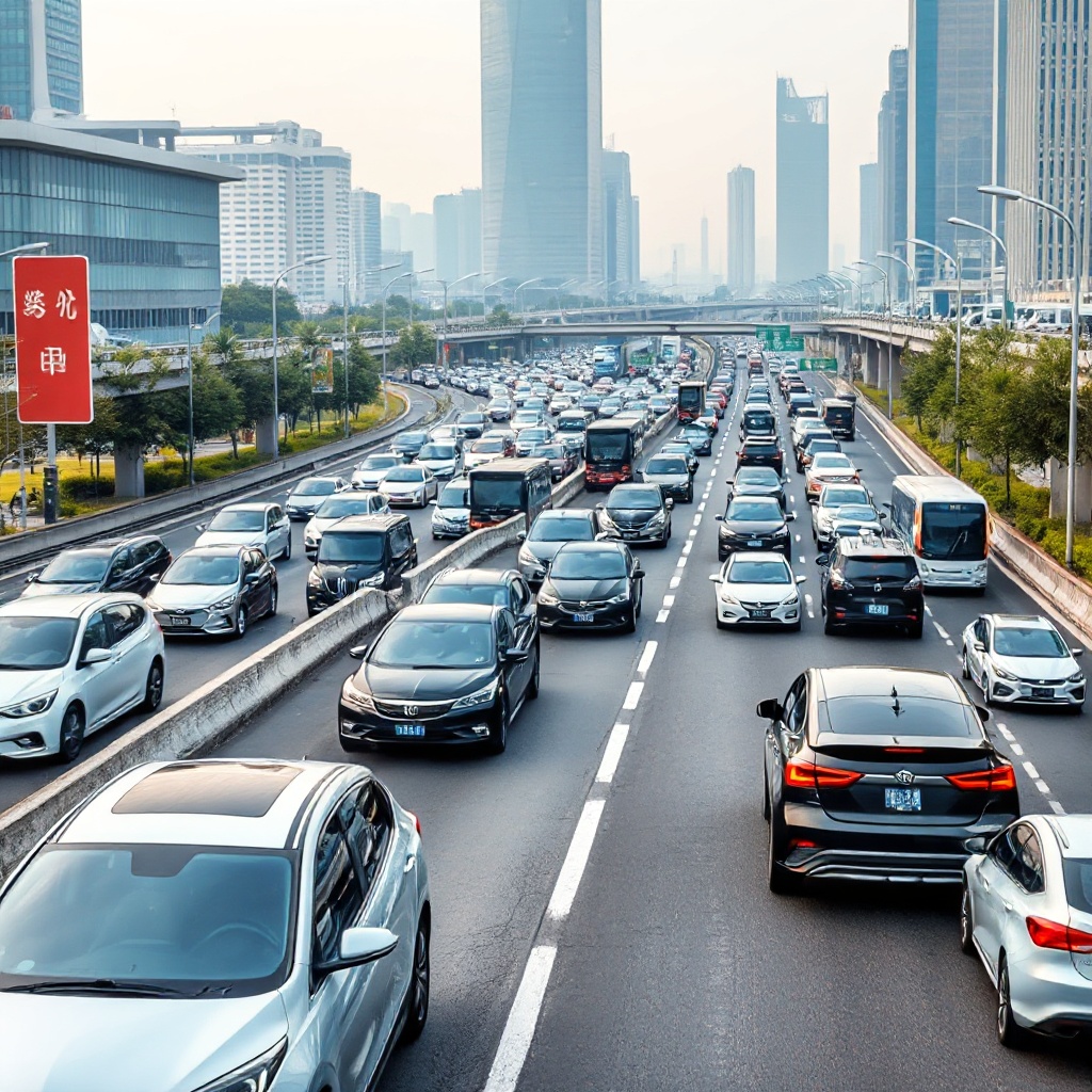  A busy highway in China with multiple lanes of traffic featuring a diverse mix of electric vehicles. Notable Chinese EV brands are visible among the traffic, with modern architecture in the background. The image captures China's leadership in EV adoption with many different models of electric vehicles visible in the traffic flow.