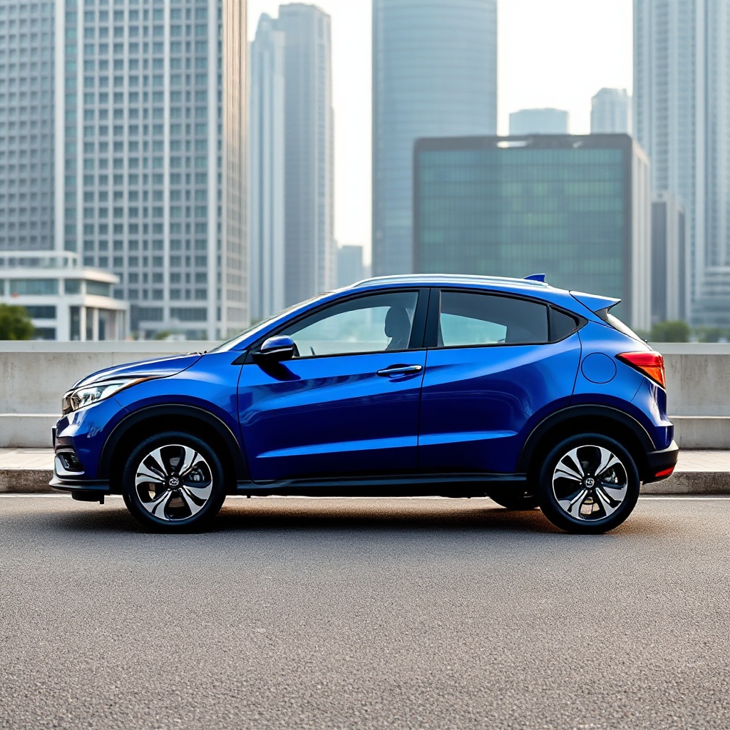 A side profile of the sleek Honda e:N1 electric crossover in premium metallic blue color, showcasing its HR-V-inspired silhouette with distinctive EV styling elements including the white Honda badge, aerodynamic 18-inch wheels, and LED lighting signature, parked in front of a modern urban Malaysian cityscape.