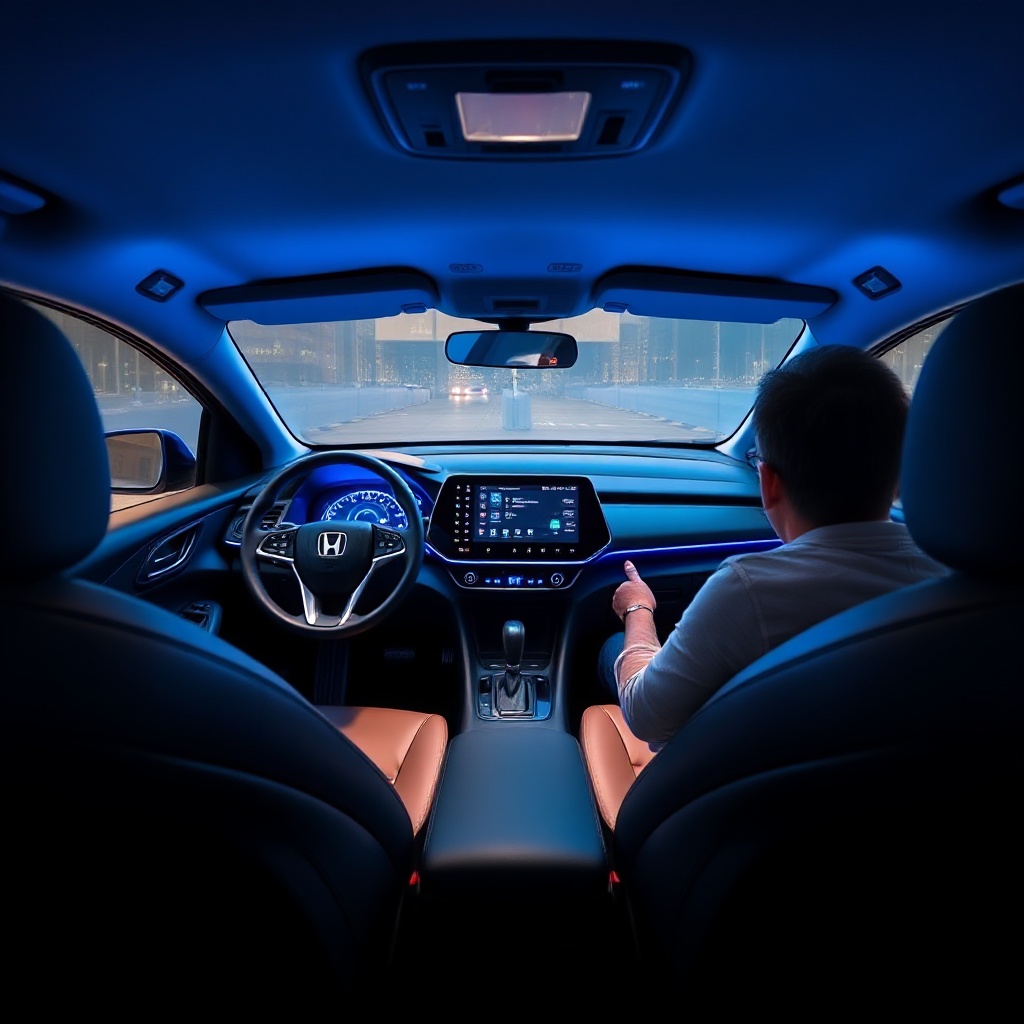 The Honda e:N1's spacious interior highlighting the massive 15.1-inch portrait touchscreen infotainment system, 10.2-inch digital instrument cluster, synthetic leather seats, and blue ambient lighting, captured from the driver's perspective to emphasize the tech-forward cabin design.