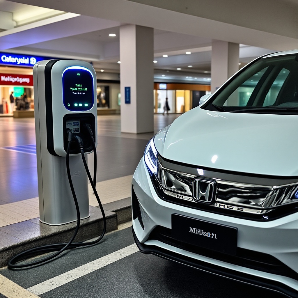 The Honda e:N1 connected to a DC fast charging station in a Malaysian shopping mall parking area, with the charging port door open showing both Type 2 and CCS2 ports, and the illuminated charging indicator visible above the front grille, demonstrating the vehicle's practical everyday usability.