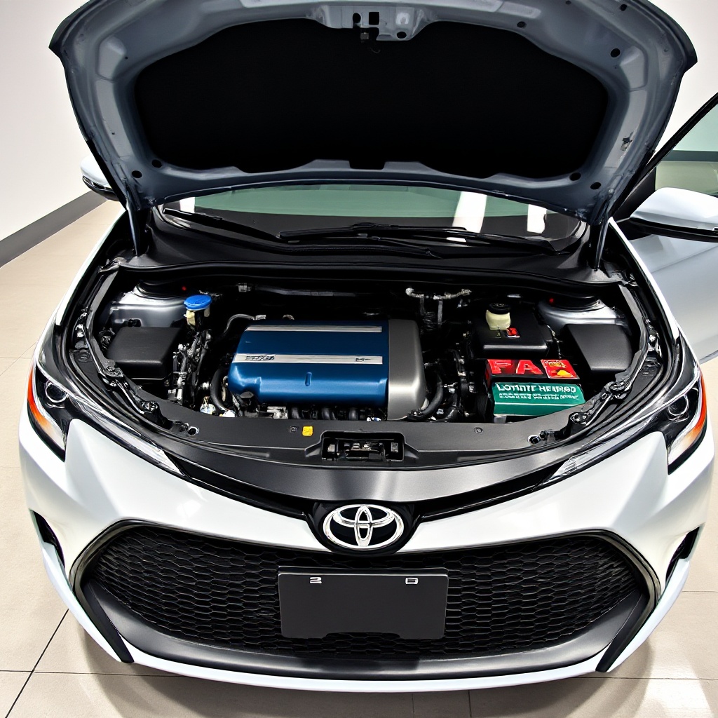 A close-up view of the Toyota Corolla Hybrid's engine bay with the hood open, showing the hybrid powertrain components with the distinctive blue-colored hybrid system elements visible, photographed in a clean, well-lit environment that highlights the advanced technology.