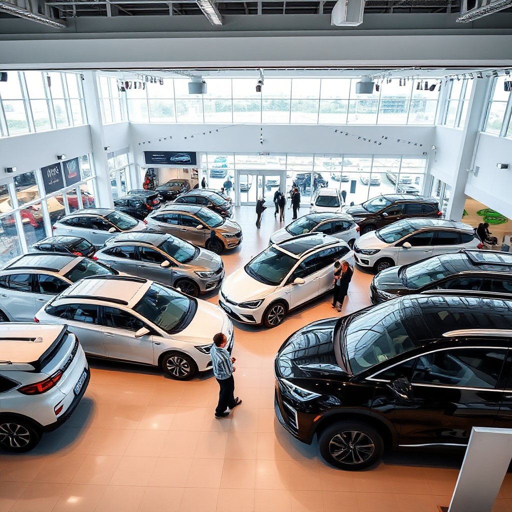 A wide-angle view of a modern EV showroom displaying a diverse range of electric vehicles from different manufacturers - showing small city cars, family SUVs, and premium models - with customers browsing among the vehicles. The showroom should be well-lit with clean, modern aesthetics typical of new car dealerships.