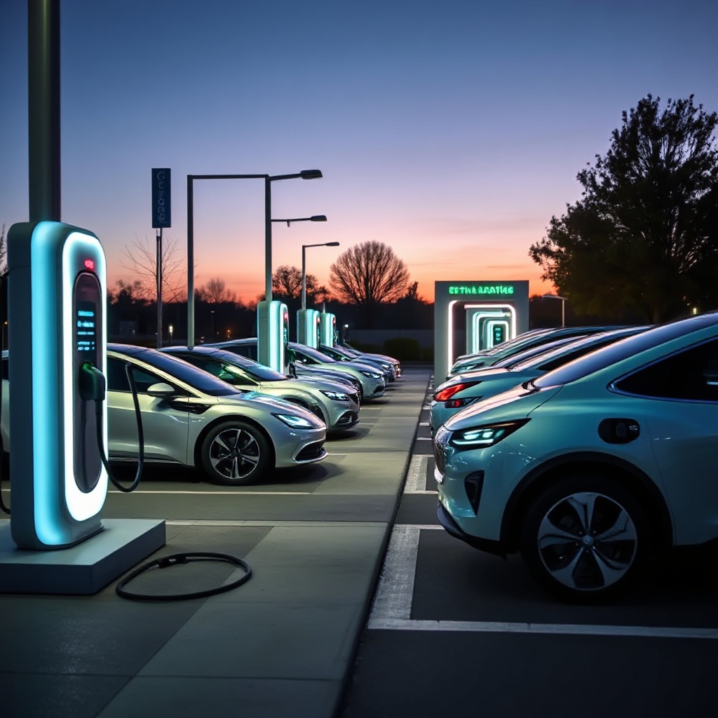 A new electric vehicle charging at an ultra-rapid charger at a contemporary charging hub at dusk. The scene shows multiple charging stations with several EVs of different brands connected to high-powered chargers. Soft lighting illuminates the area, with charging status displays glowing in the evening light.