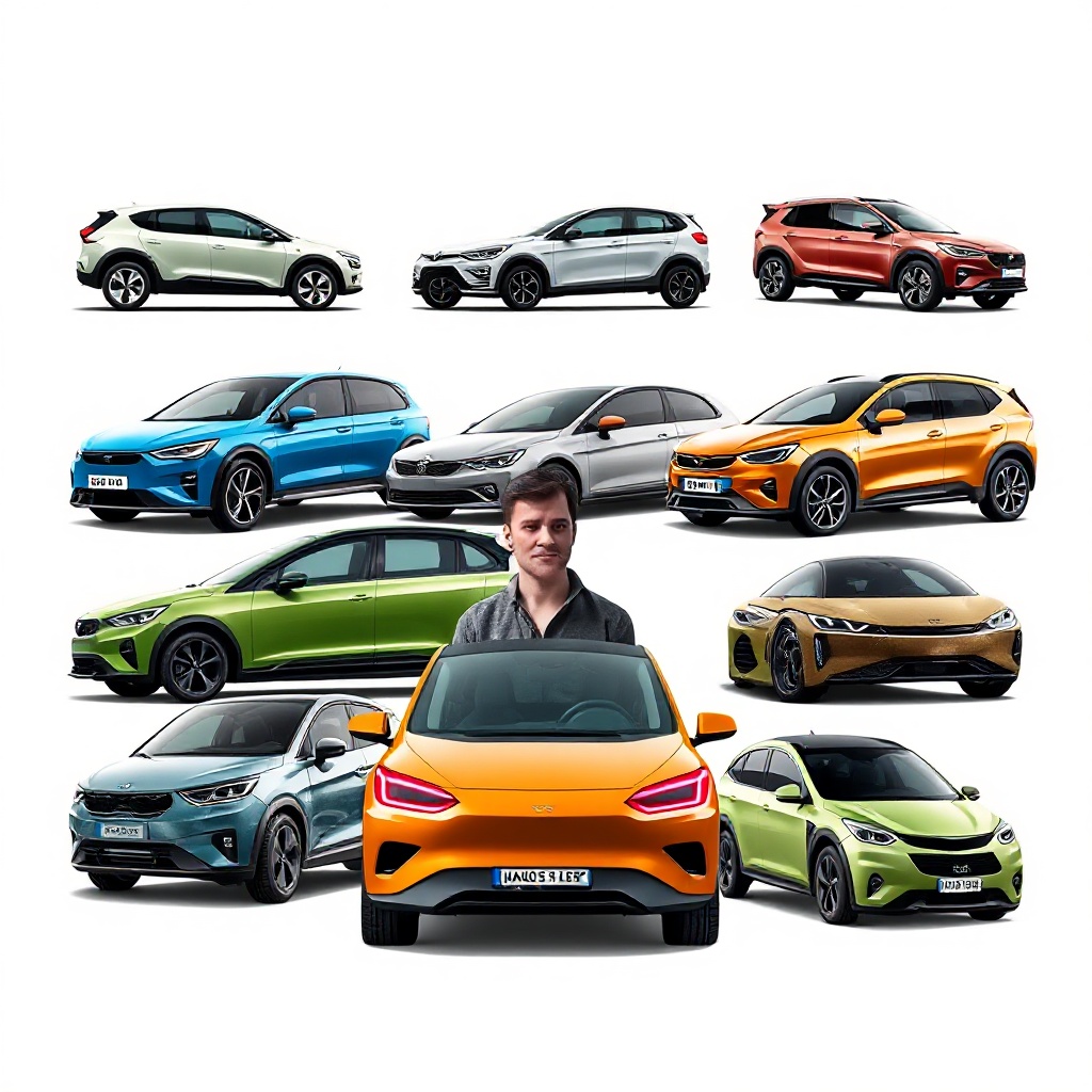 A collage-style image showing the evolution of electric vehicles - from early limited-range models to the latest diverse range of EVs available in the UK market in 2025. The image should show the progression in design, size options, and technological advancement across different types of electric vehicles.
