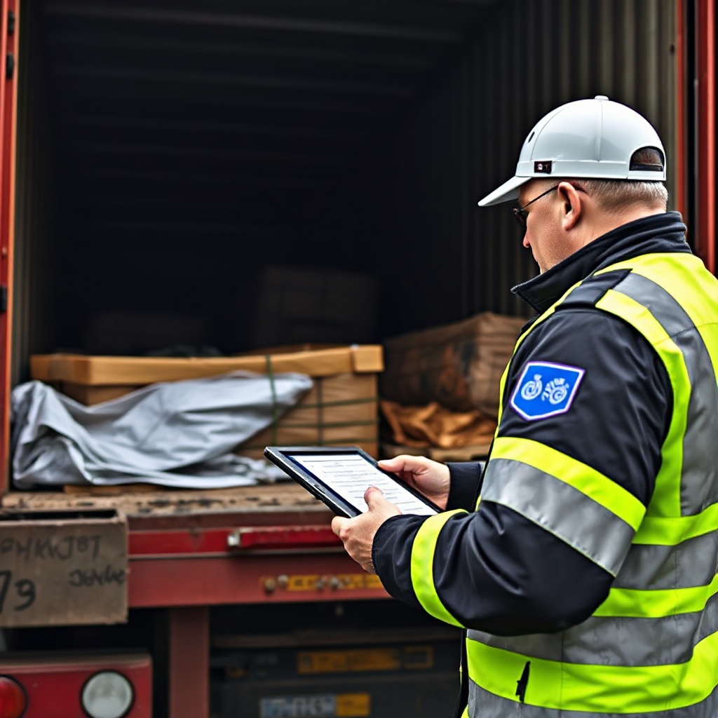 A DVSA enforcement officer inspecting an insecure load on a commercial vehicle at a roadside check. The officer is wearing a high-visibility jacket and is using a tablet to document violations while pointing out issues with the poorly secured cargo to the driver. The image should convey the seriousness of enforcement actions and the detailed nature of inspections.