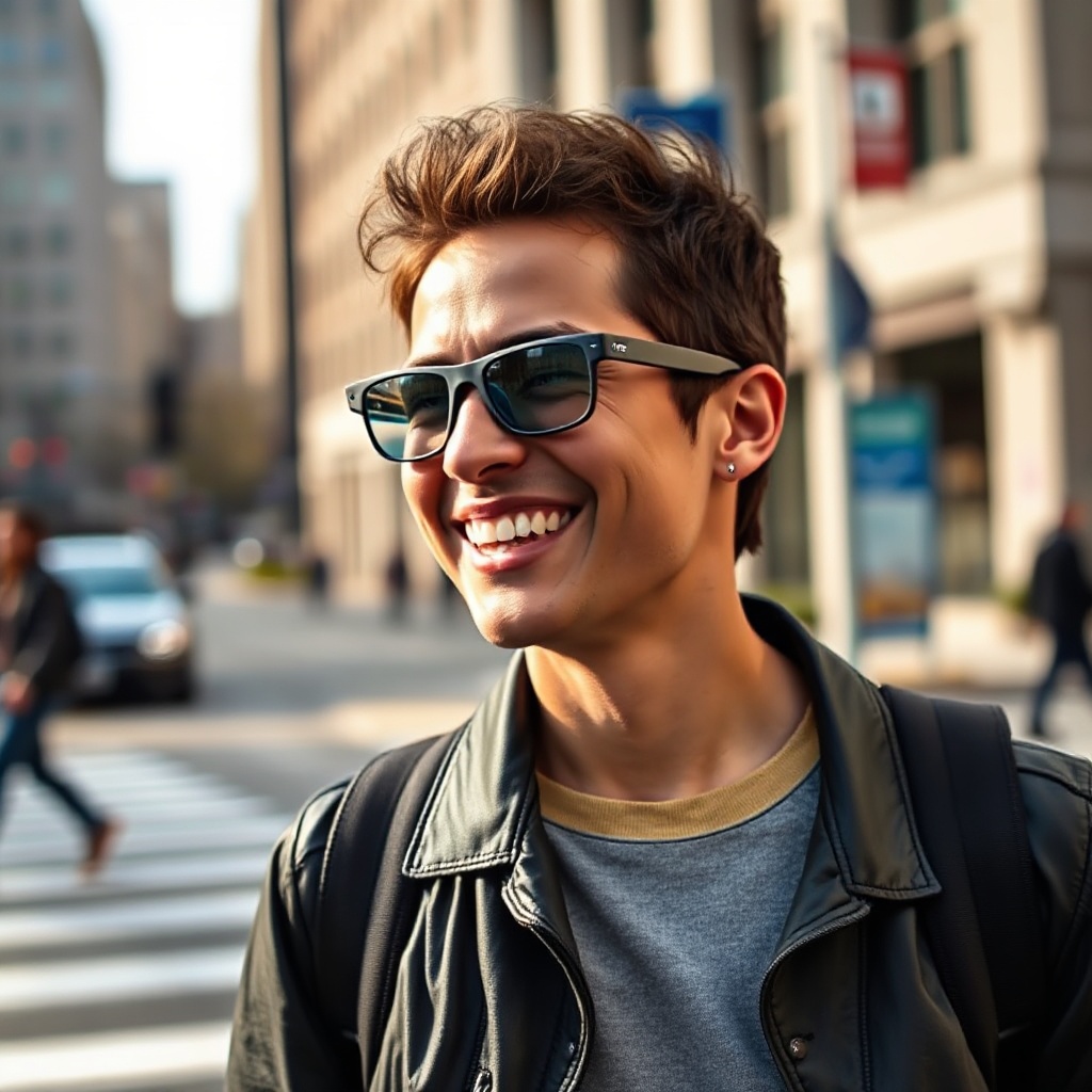 A person with visual impairment wearing Ray-Ban Meta smart glasses outdoors in a city environment. They are smiling as they navigate a crosswalk independently, with the glasses' discrete camera visible on the frame. The image should convey confidence and independence, with the smart glasses looking stylish and nearly indistinguishable from regular sunglasses.
