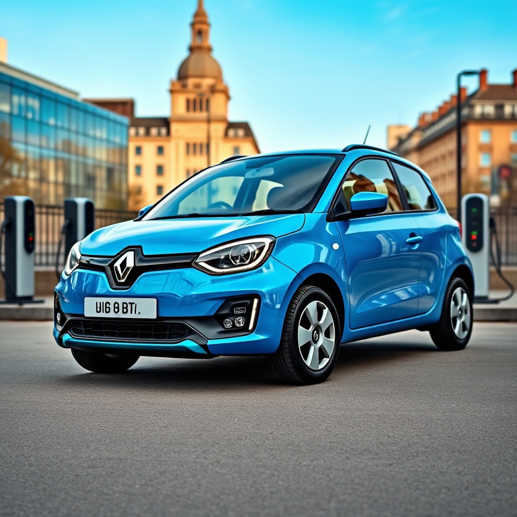 A sleek modern Renault 5 E-Tech Electric in vibrant blue color parked in front of a contemporary British cityscape with charging stations visible in the background. The car should be shown from a three-quarter front angle to highlight its distinctive retro-inspired design that blends vintage charm with futuristic electric vehicle aesthetics.