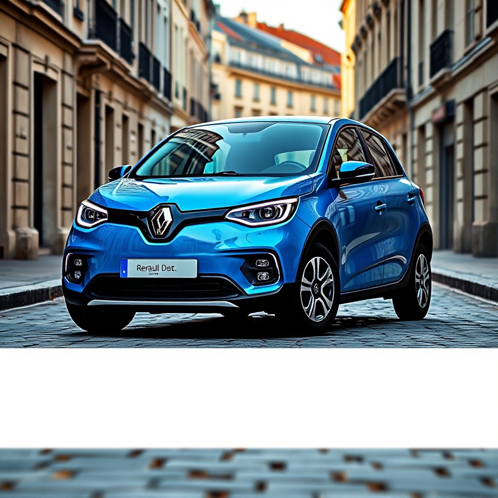 A three-quarter front view of the new Renault 4 E-Tech electric in signature blue color, showcasing its retro-inspired silhouette with modern touches like matrix LED headlights and the illuminated Renault logo, parked on a cobblestone street with classic European architecture in the background.