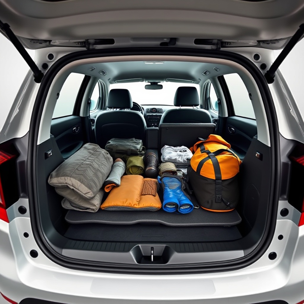 Interior shot of the Renault 4 E-Tech displaying the modular cabin configuration with folded rear seats and flat-folding passenger seat creating a continuous cargo area, highlighting the 420-liter boot space with various items (like outdoor gear and luggage) demonstrating its practical versatility.
