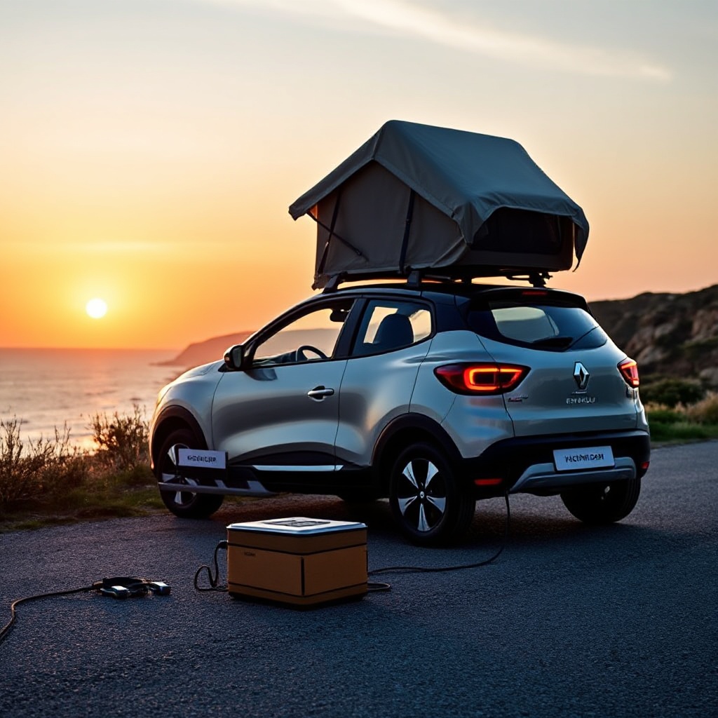 The Renault 4 E-Tech electric with its fabric roof fully open, parked beside a coastal road at sunset, with a mobile device connected to the vehicle's bidirectional charging system powering a small camping setup nearby, illustrating the V2L functionality.