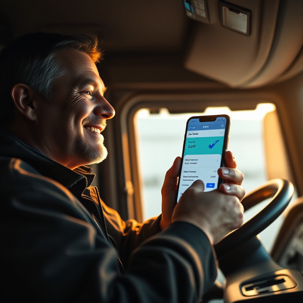 A close-up shot of a truck driver in their cab, holding a smartphone displaying the DAT app with a blue checkmark next to a load. The driver looks relieved and satisfied as they complete a transaction. The lighting should be warm, showing the inside of a modern truck cabin with digital displays.