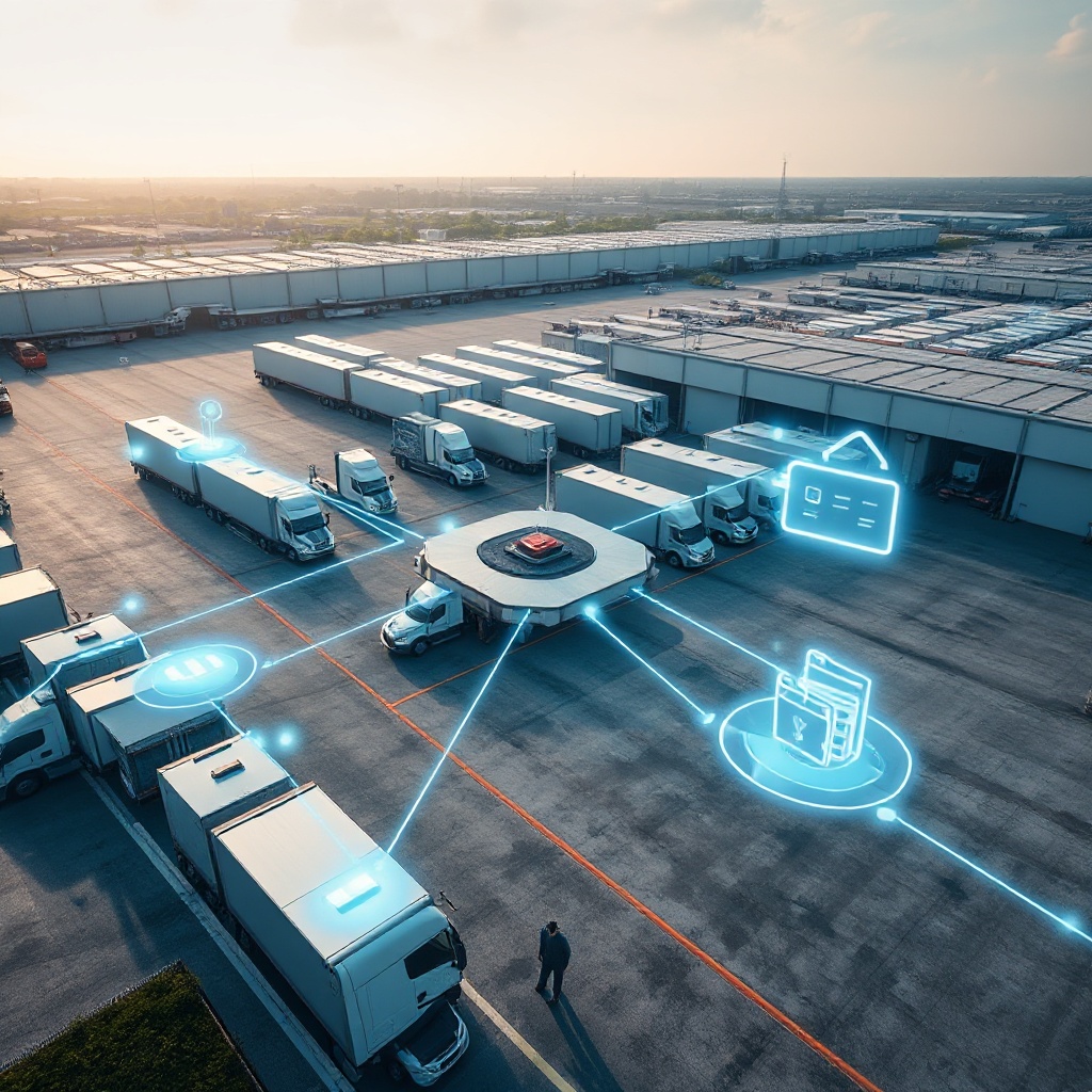 An aerial view of a large distribution center with multiple semi-trucks at loading docks. Digital graphic elements overlay the scene showing the flow of payment processing - animated lines connecting trucks to a central platform and then to digital wallets, representing the seamless movement of funds through the DAT-Outgo system.
