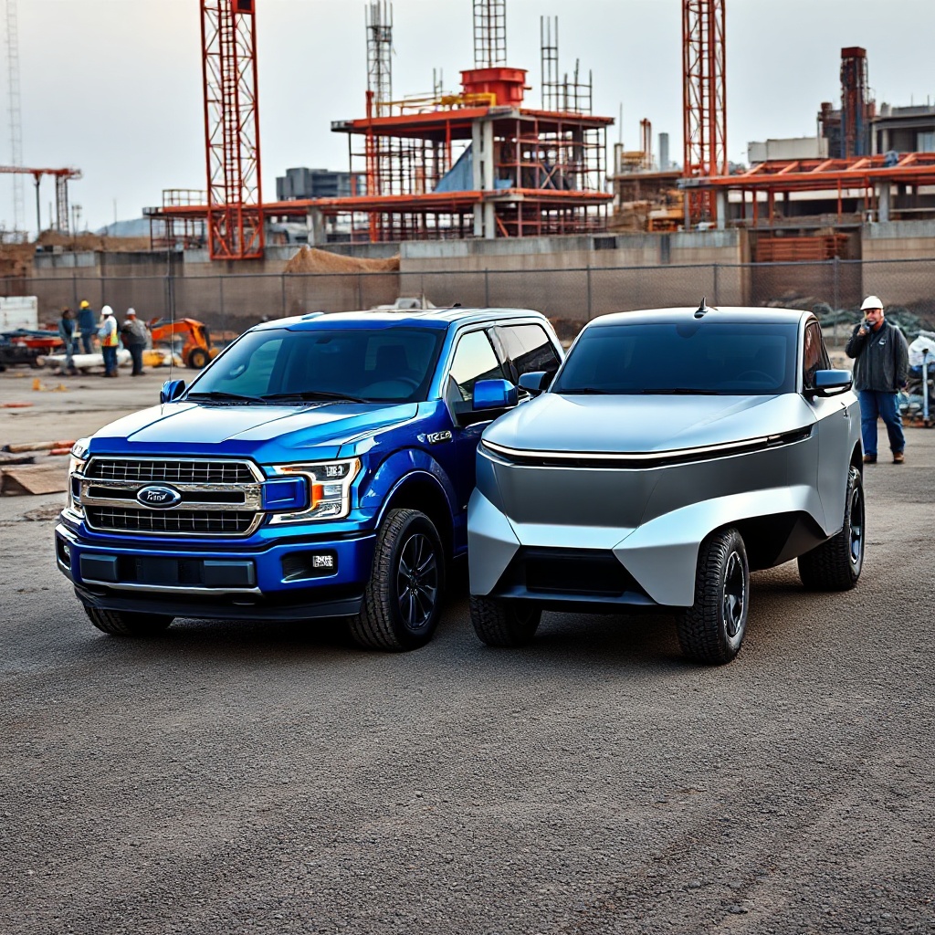 A Ford F-150 Lightning in metallic blue parked next to a silver Tesla Cybertruck on a construction site with workers in the background. The two pickup trucks are positioned at complementary angles to highlight their contrasting design philosophies - the F-150's traditional truck silhouette versus the Cybertruck's angular futuristic form.