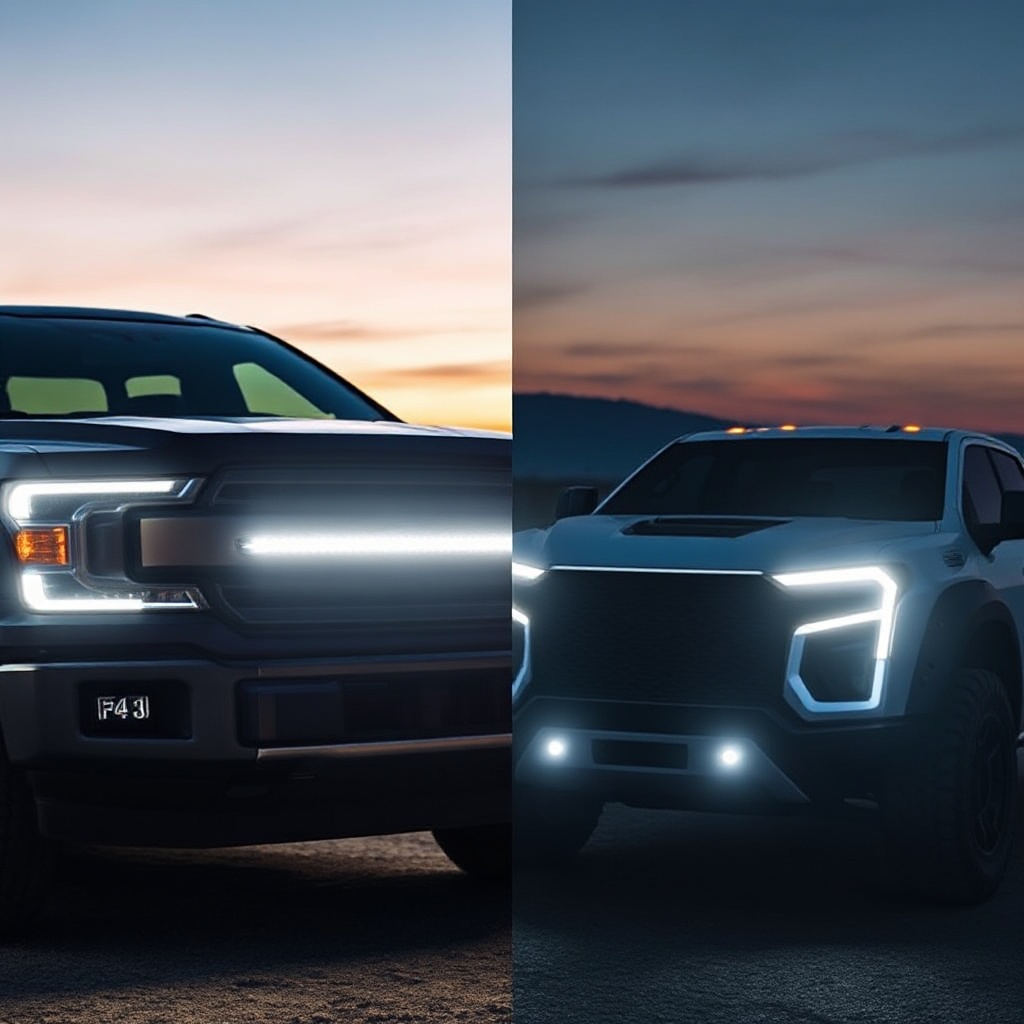 A close-up side-by-side comparison of the front ends of both trucks with their lights illuminated against a twilight sky. The F-150 Lightning's conventional grille with light bar is contrasted with the Cybertruck's stark, minimalist front fascia, emphasizing the traditional versus revolutionary design approaches.
