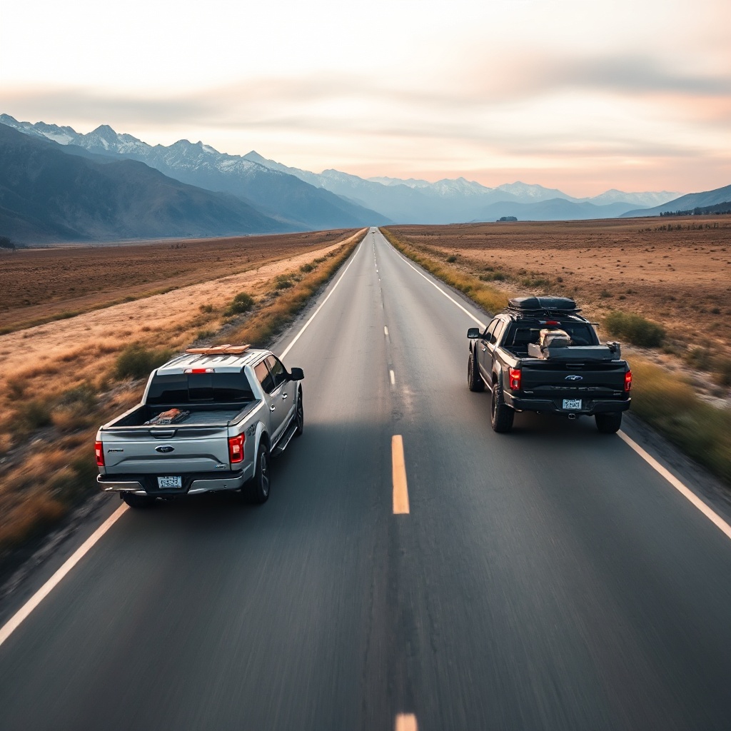 An overhead drone shot of both trucks driving on a rural highway with mountains in the background. The F-150 Lightning is carrying construction materials in its bed while the Cybertruck is shown with camping gear, illustrating the work-oriented versus lifestyle-oriented marketing approaches of each vehicle.