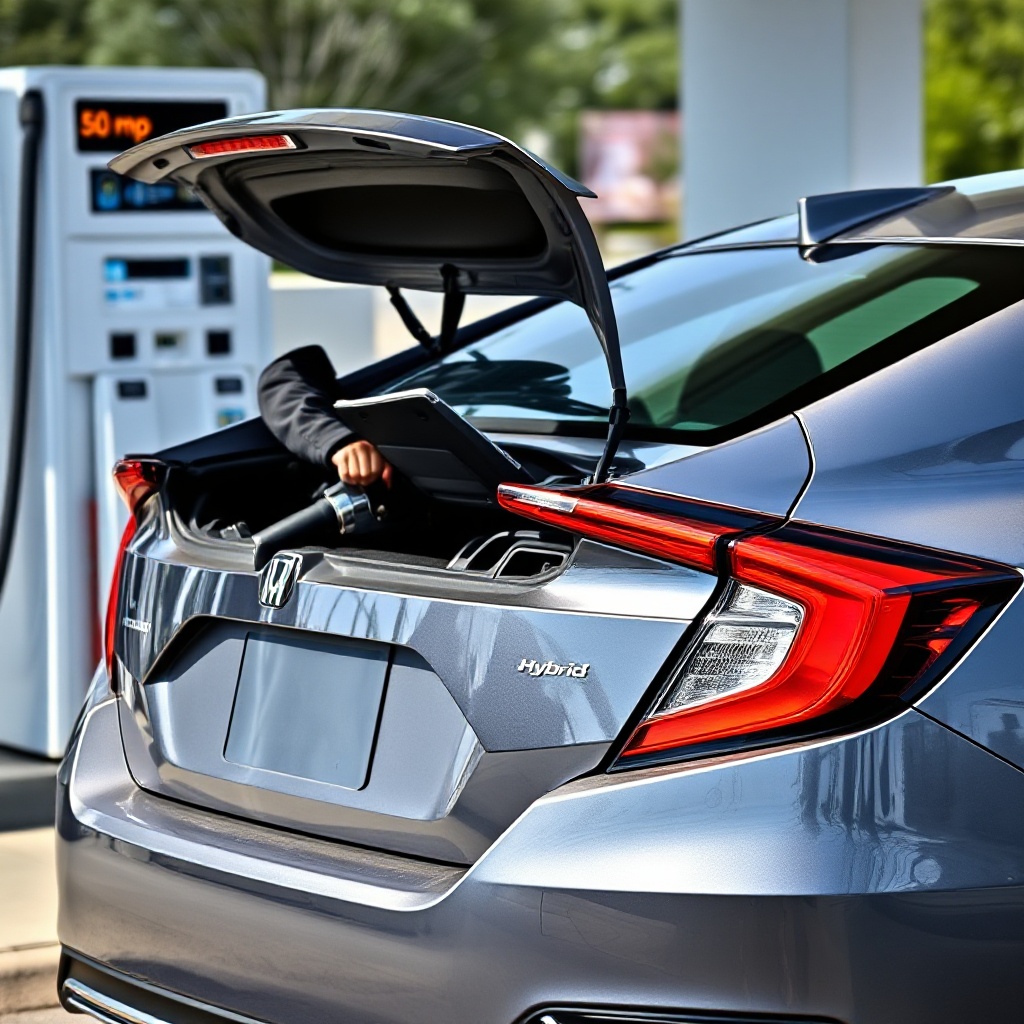 A 2025 Honda Civic Touring Hybrid sedan in Sonic Gray Pearl color parked at a fuel station with the fuel door open, showing a person refueling the vehicle. The image clearly displays the 'Hybrid' badge on the trunk lid, with a digital fuel economy display visible through the driver's side window showing 50+ mpg.
