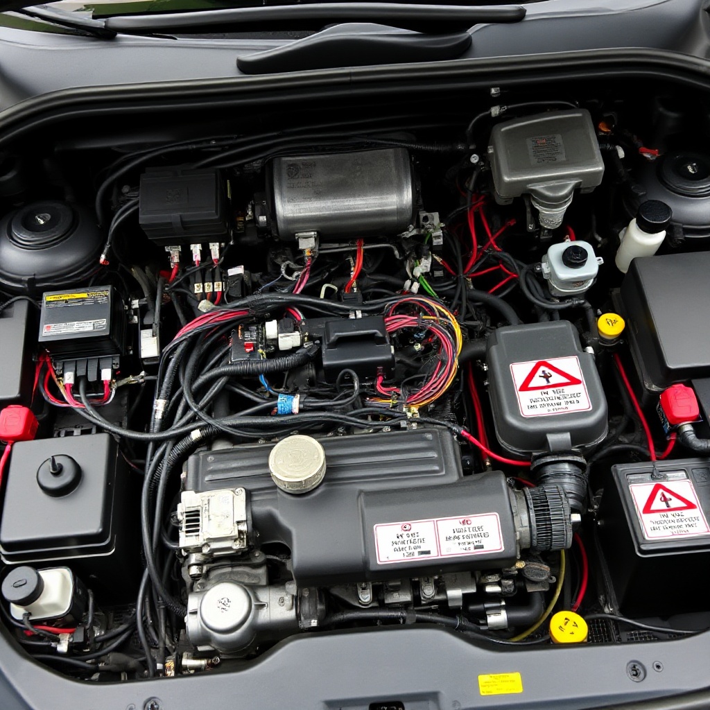 A close-up shot of a modern car's complex engine bay filled with sealed electronic components, color-coded wiring harnesses, and plastic covers with 'No User Serviceable Parts Inside' warnings clearly visible. The image should convey the intimidating complexity facing would-be DIY mechanics.