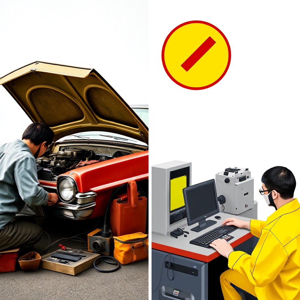 A side-by-side comparison showing a vintage car from the 1970s with its hood open being worked on by a person with basic tools, contrasted with a modern vehicle connected to diagnostic computers with technicians using specialized electronic equipment. The contrast should highlight the accessibility difference.