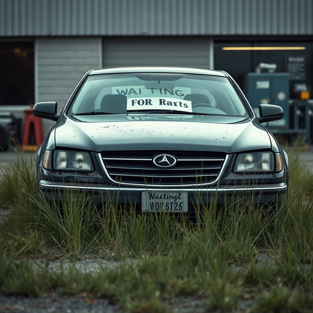An emotional image of a relatively new-looking car sitting abandoned in a repair shop lot with tall grass growing around its tires, suggesting it has been waiting for parts for months. A 'Waiting for Parts' tag visible through the windshield adds context to the vehicle's limbo state.