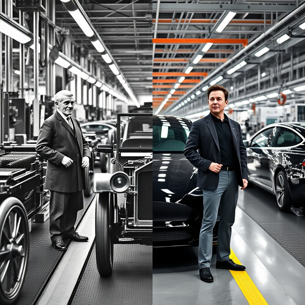 A dynamic split-screen image showing Henry Ford beside his Model T assembly line in black and white on the left, contrasted with Elon Musk standing next to a sleek Tesla Model 3 in a modern factory on the right. Both men are in similar poses surveying their revolutionary production methods, symbolizing the evolution of automotive leadership across a century.