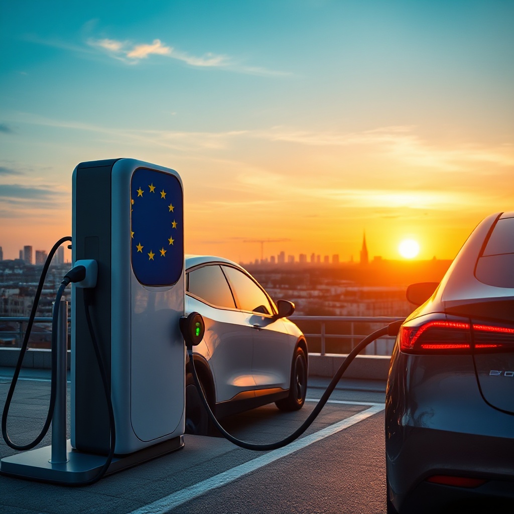 A modern electric vehicle charging at an EU charging station with the European Union flag visible, set against a backdrop of a European city skyline at sunset, showing the transition to clean mobility.