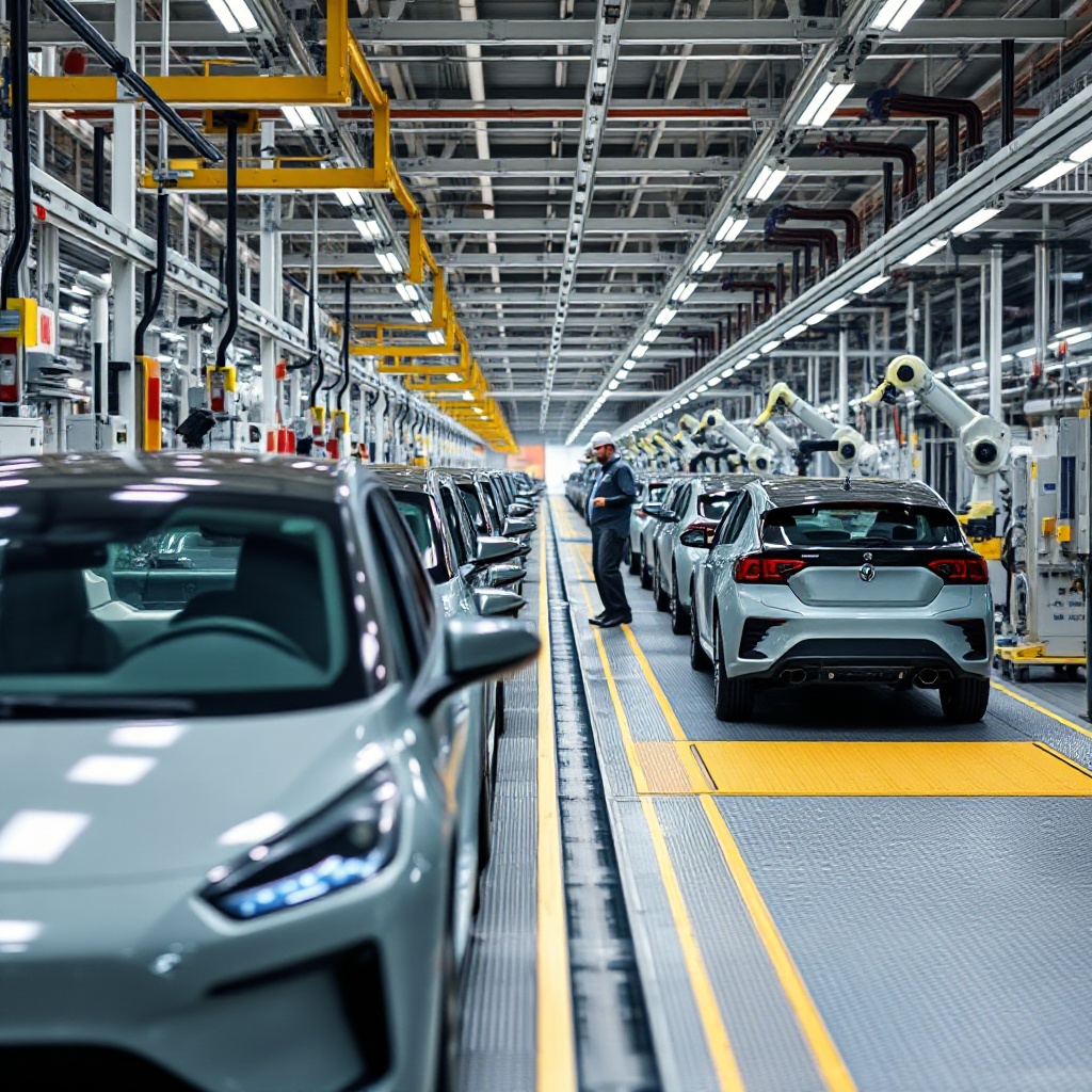 A manufacturing line in a European auto factory showing workers and robots assembling electric vehicles, highlighting the industry transformation underway with partially completed EVs visible along the production line.