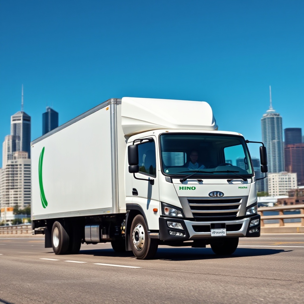 A modern Hino 300 Series Hybrid Electric truck operating in an Australian urban setting, with distinctive hybrid badging visible, shown against a city skyline background with clear blue skies, demonstrating the real-world application of hybrid technology in commercial transport.