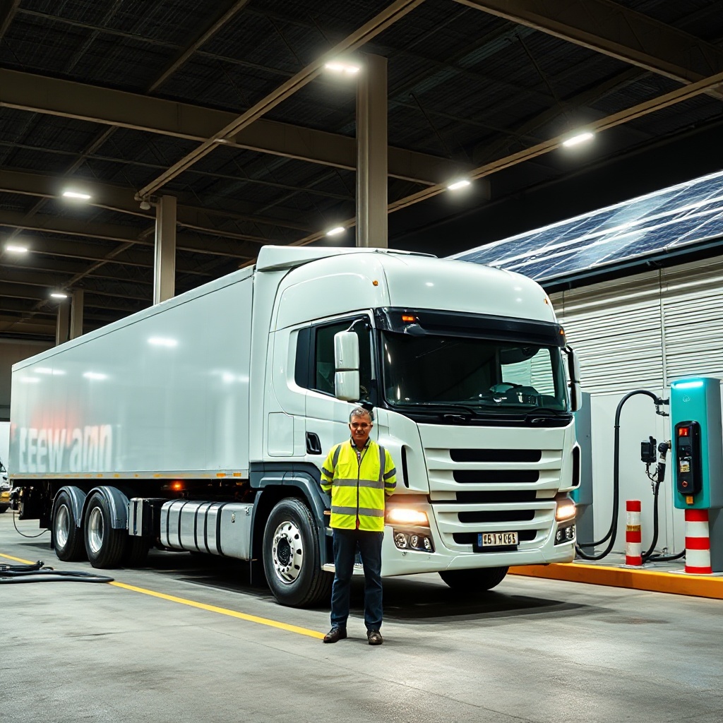 A battery electric heavy-duty truck at a charging station in an Australian logistics center, with visible charging cables connected, solar panels on the facility roof, and workers in high-visibility clothing nearby, illustrating the infrastructure required for BEV operation.