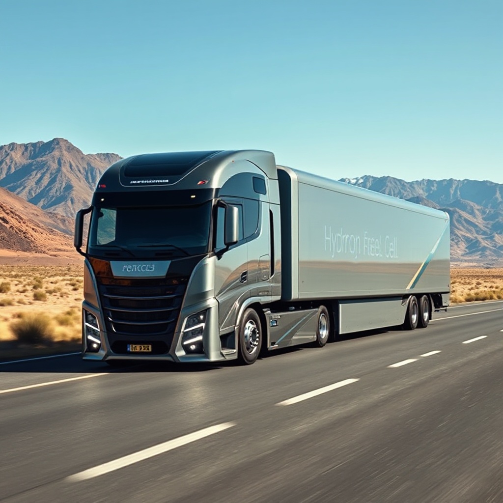 A futuristic hydrogen fuel cell truck on an Australian highway with mountains in the background, showcasing the sleek aerodynamic design with prominent hydrogen fuel cell badging and visible hydrogen tanks, representing the potential future of long-haul zero-emission transport.