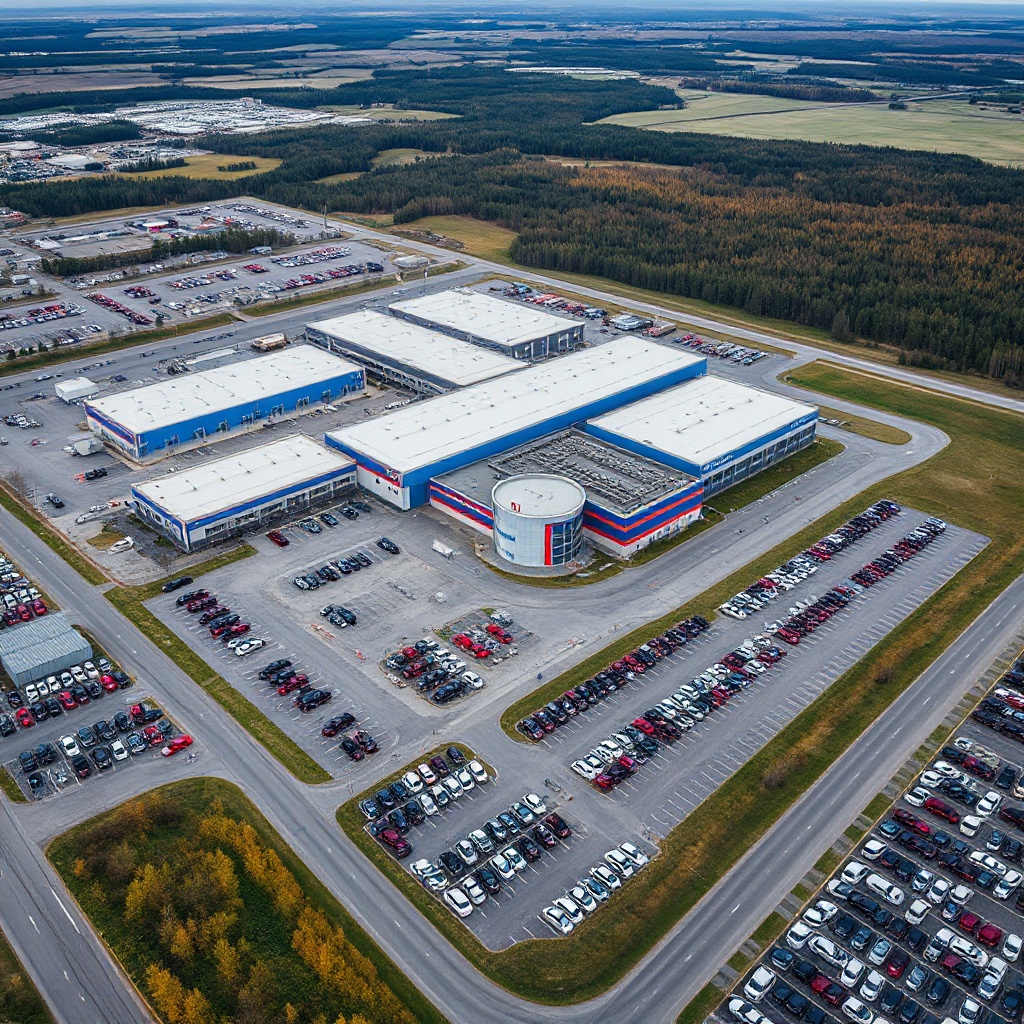 An aerial view of Honda's existing manufacturing facility in Alliston, Ontario, Canada, showing the sprawling industrial complex with assembly buildings, parking lots filled with newly produced vehicles, and the surrounding Canadian landscape.