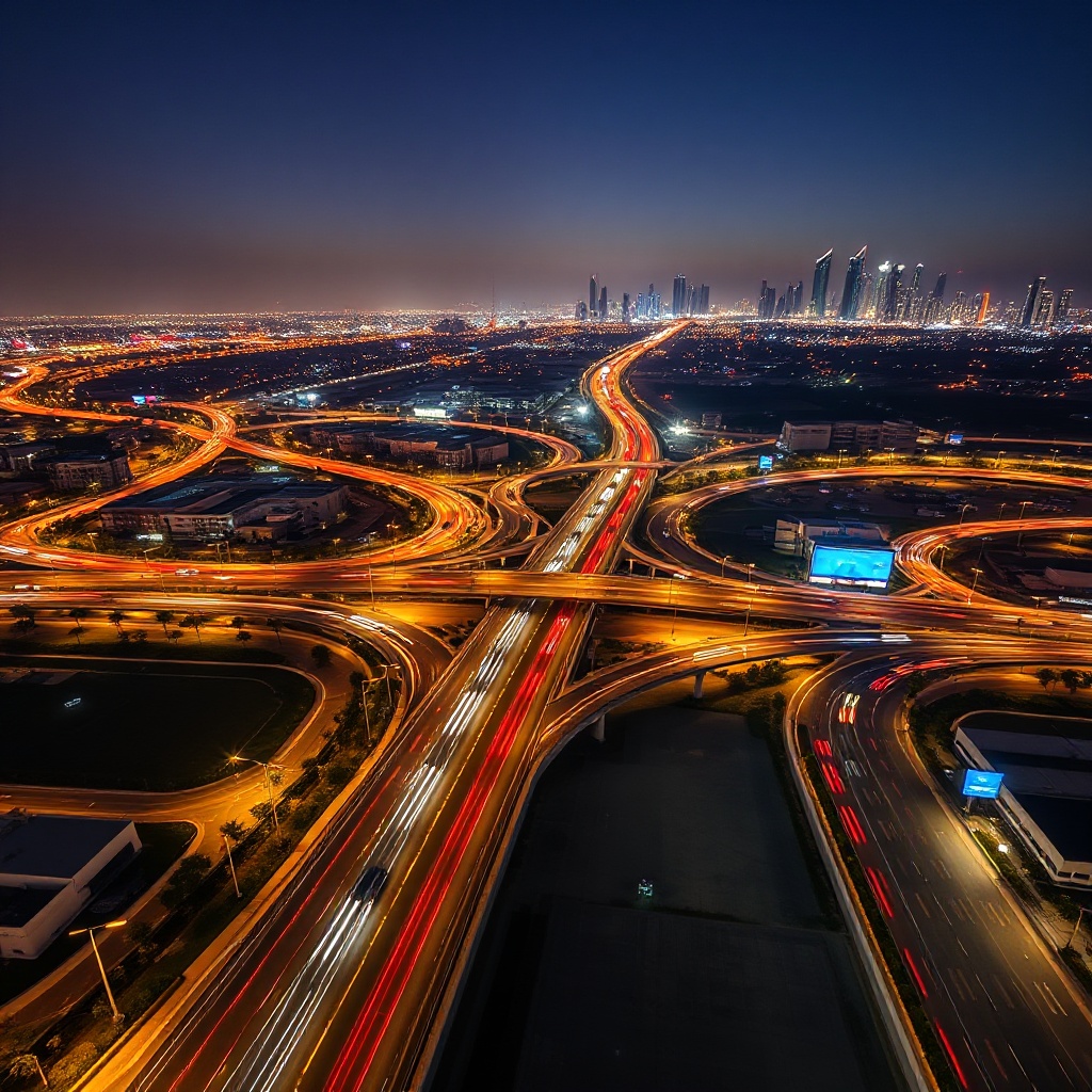 An aerial night view of Doha's illuminated road network showing the city's smart traffic management system in action, with visible traffic flows and the distinctive skyline in the background. The image should capture light trails from vehicles demonstrating traffic patterns and the modern urban landscape.