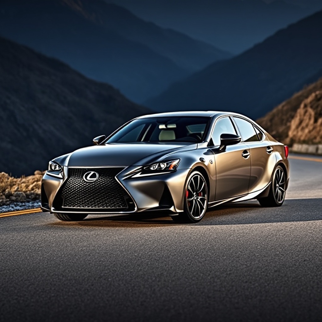 A dramatic three-quarter front view of the 2025 Lexus IS 500 Ultimate Edition in exclusive 'Wind' metallic gray paint, showcasing its aggressive stance, matte black BBS wheels, and red Brembo brake calipers. The car is positioned on a winding mountain road with dramatic lighting that highlights its muscular proportions and exclusive design elements.