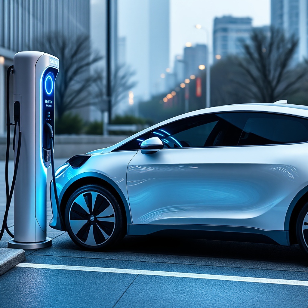 A sleek, modern electric vehicle connected to an ultra-fast DC charging station with glowing blue power indicators, showing real-time charging speed data. The background suggests an urban environment with subtle indications of China's advanced EV infrastructure.