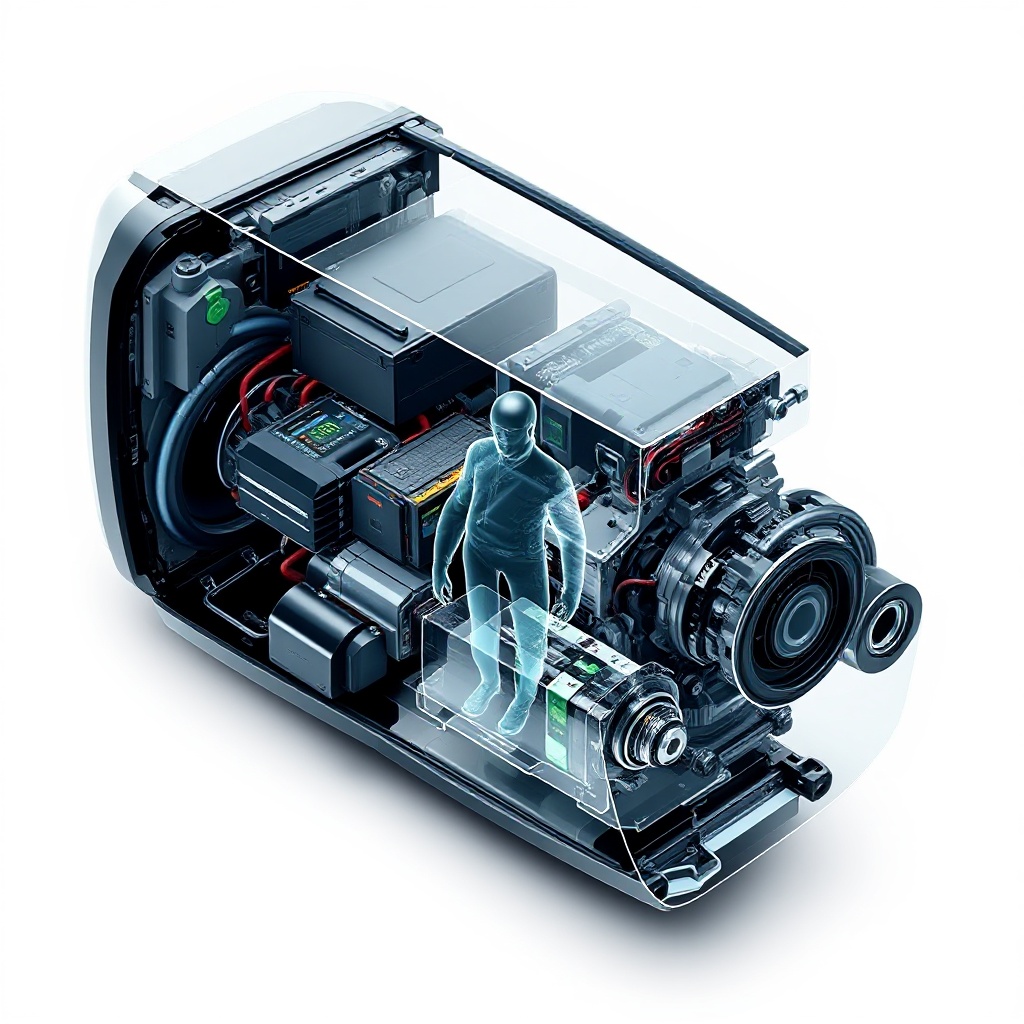 A detailed cutaway view of an 800V electric powertrain system, revealing the key components including battery pack, inverter with silicon carbide technology, electric motor, and power distribution system, all with a high-tech, futuristic aesthetic.